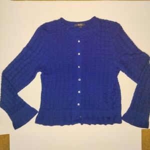 Alex Marie (Size L) Navy Blue Button Down Front Ruffle Trim Hem LS Knit Cardigan